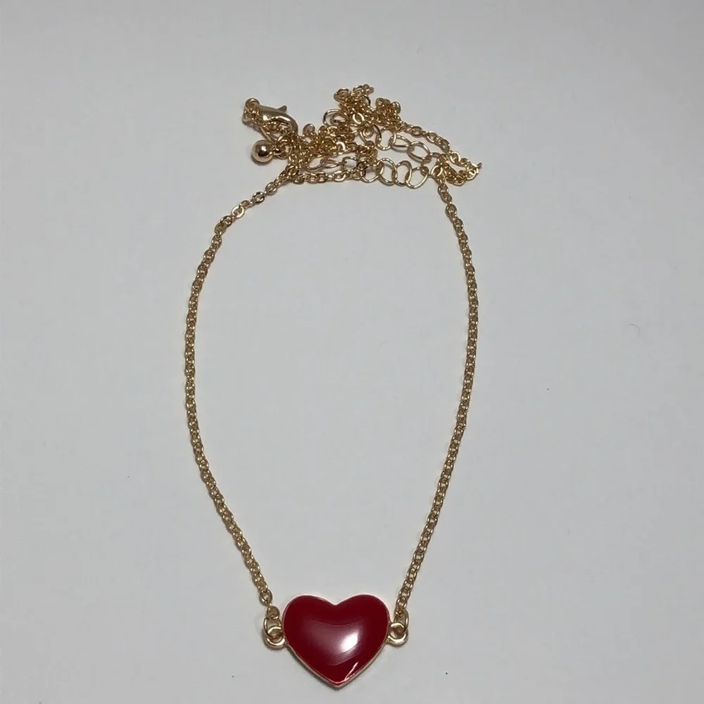 Red Enamel Heart Pendant Necklace Gold Tone Dainty Adjustable‎ Chain Jewelry